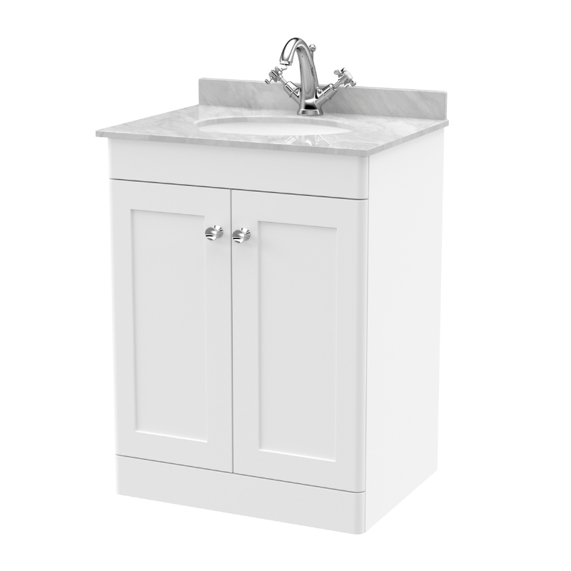 Nuie Classique Floor Standing 2 Door Unit & 1 Tap Hole Marble Top with Oval Basin (1 size, Satin White) - Brand New Bathrooms