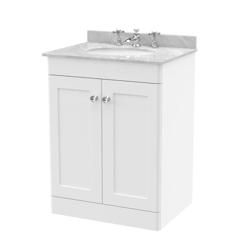 Nuie Classique Floor Standing 2 Door Unit & 3 Tap Hole Marble Top with Oval Basin (1 size, Satin White) - Brand New Bathrooms