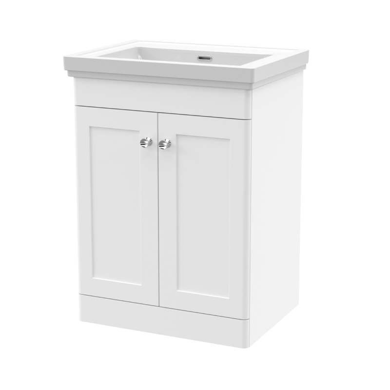 Nuie Classique Floor Standing 2 Door Unit & 0 Tap Hole Fireclay Basin (1 size, Satin White) - Brand New Bathrooms
