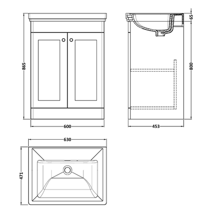 Nuie Classique Floor Standing 2 Door Unit & 0 Tap Hole Fireclay Basin (1 size, Satin White) - Brand New Bathrooms