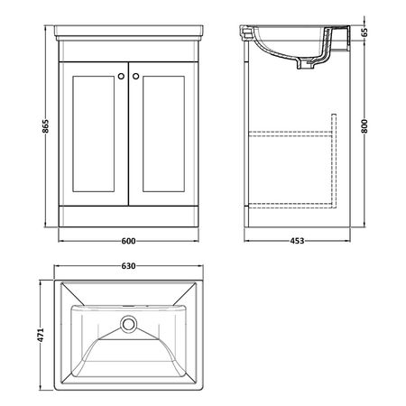 Nuie Classique Floor Standing 2 Door Unit & 0 Tap Hole Fireclay Basin (1 size, Satin White) - Brand New Bathrooms
