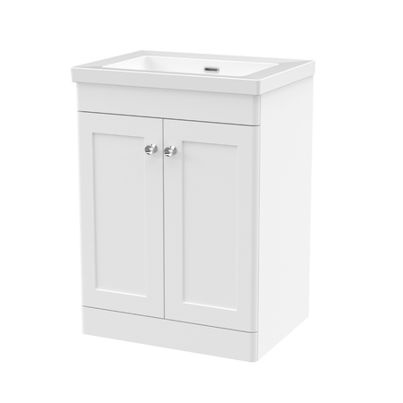 Nuie Classique 600mm Floor Standing 2-Door Vanity with Basin 0 Tap Hole (1 size, Satin White) - Brand New Bathrooms