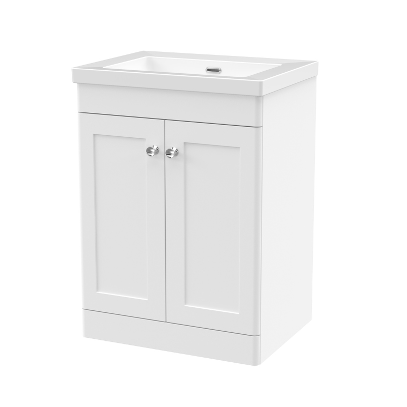 Nuie Classique 600mm Floor Standing 2-Door Vanity with Basin 0 Tap Hole (1 size, Satin White) - Brand New Bathrooms