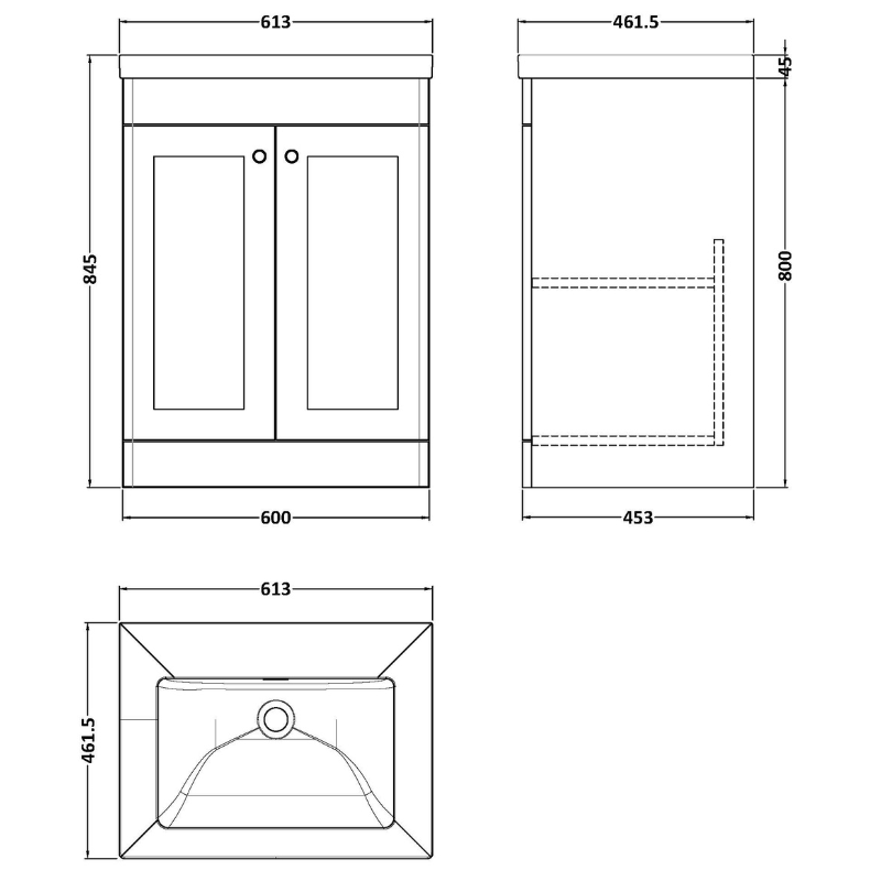 Nuie Classique 600mm Floor Standing 2-Door Vanity with Basin 0 Tap Hole (1 size, Satin White) - Brand New Bathrooms