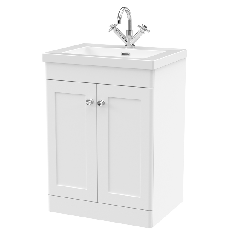 Nuie Classique 600mm Floor Standing 2-Door Vanity with Basin - 1 Tap Hole (1 size, Satin White) - Brand New Bathrooms