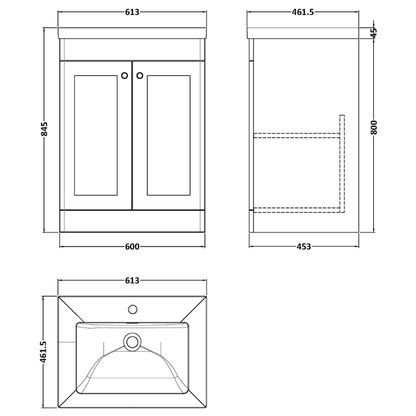 Nuie Classique 600mm Floor Standing 2-Door Vanity with Basin - 1 Tap Hole (1 size, Satin White) - Brand New Bathrooms