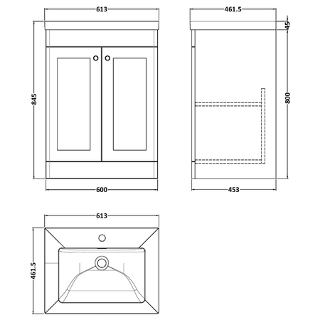 Nuie Classique 600mm Floor Standing 2-Door Vanity with Basin - 1 Tap Hole (1 size, Satin White) - Brand New Bathrooms