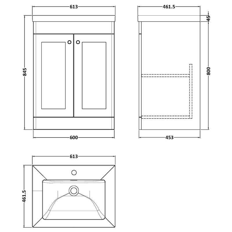 Nuie Classique 600mm Floor Standing 2-Door Vanity with Basin - 1 Tap Hole (1 size, Satin White) - Brand New Bathrooms