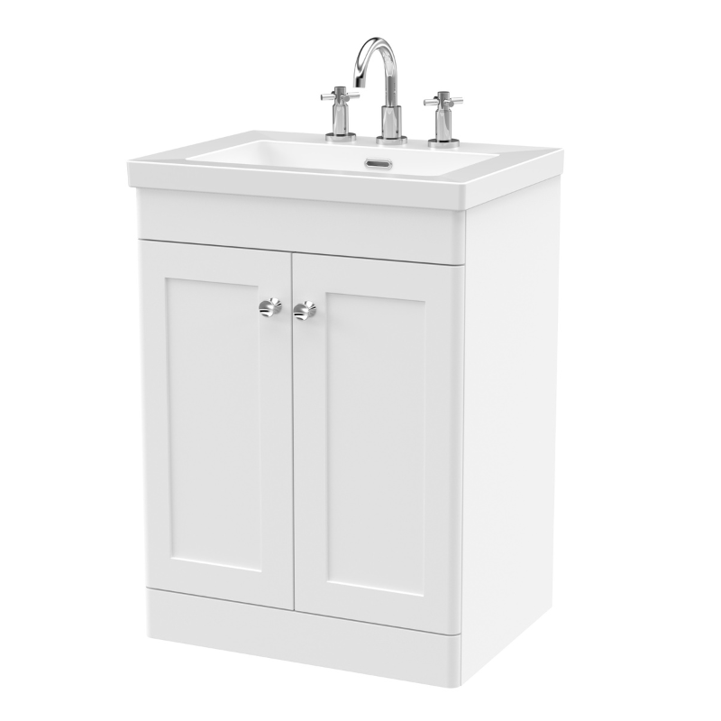 Nuie Classique 600mm Floor Standing 2-Door Vanity with Basin - 3 Tap Hole (1 size, Satin White) - Brand New Bathrooms