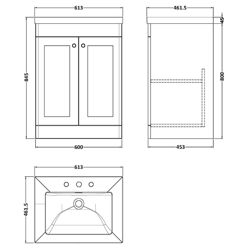 Nuie Classique 600mm Floor Standing 2-Door Vanity with Basin - 3 Tap Hole (1 size, Satin White) - Brand New Bathrooms