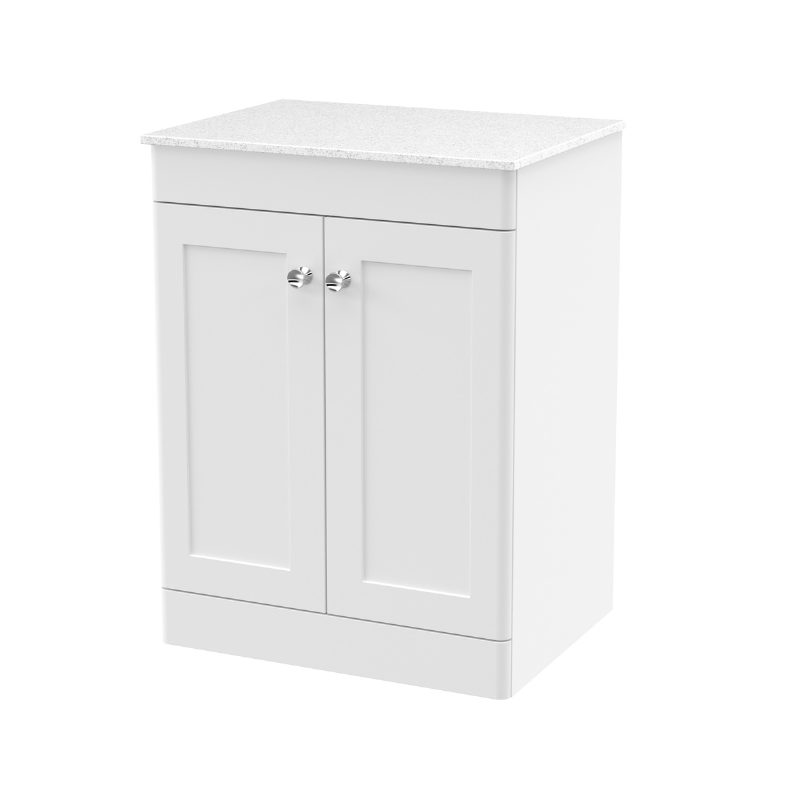 Nuie Classique 600mm Floor Standing 2-Door Vanity Unit with Marble Top (1 size, Satin White) - Brand New Bathrooms