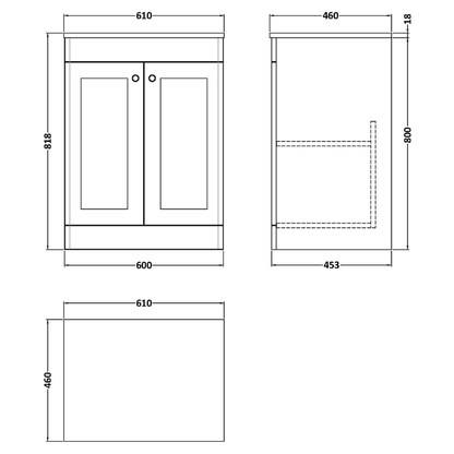 Nuie Classique 600mm Floor Standing 2-Door Vanity Unit with Marble Top (1 size, Satin White) - Brand New Bathrooms