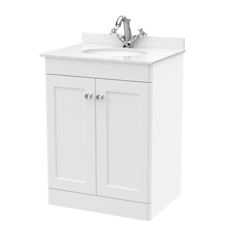 Nuie Classique Floor Standing 2 Door Unit & 1 Tap Hole Marble Top with Oval Basin (1 size, Satin White) - Brand New Bathrooms