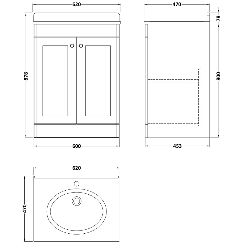 Nuie Classique Floor Standing 2 Door Unit & 1 Tap Hole Marble Top with Oval Basin (1 size, Satin White) - Brand New Bathrooms