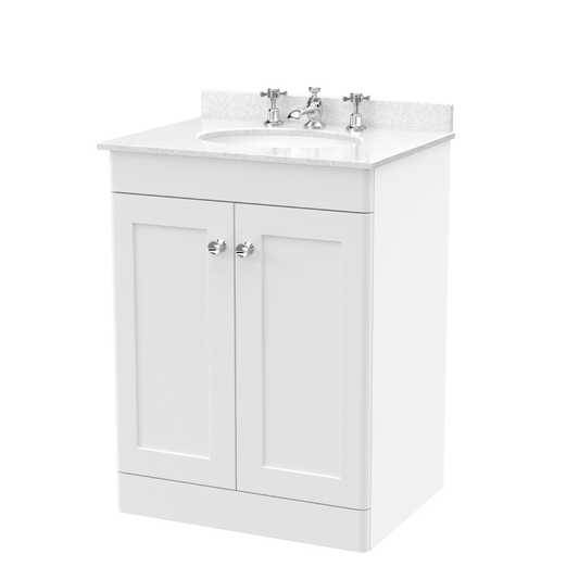 Nuie Classique Floor Standing 2 Door Unit & 3 Tap Hole Marble Top with Oval Basin (1 size, Satin White) - Brand New Bathrooms