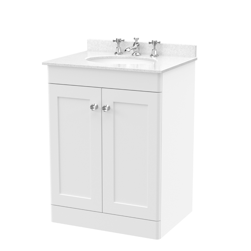 Nuie Classique Floor Standing 2 Door Unit & 3 Tap Hole Marble Top with Oval Basin (1 size, Satin White) - Brand New Bathrooms