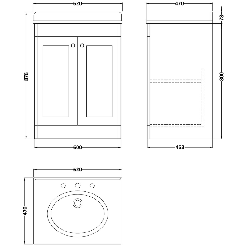 Nuie Classique Floor Standing 2 Door Unit & 3 Tap Hole Marble Top with Oval Basin (1 size, Satin White) - Brand New Bathrooms