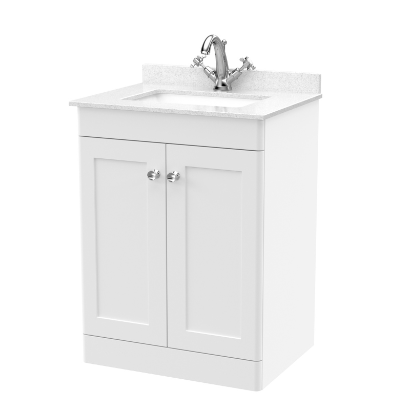 Nuie Classique Floor Standing 2 Door Unit & 1 Tap Hole Marble Top with Square Basin (1 size, Satin White) - Brand New Bathrooms