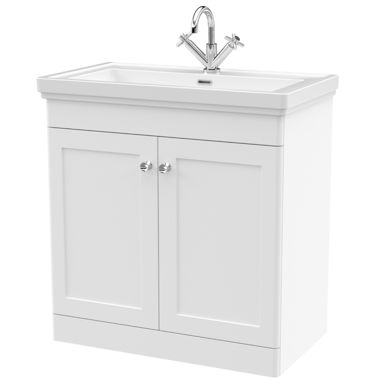 Nuie Classique 800mm Floor Standing 2 Door Vanity Basin Unit & 1 Tap Hole Fireclay Basin (1 size, Satin White) - Brand New Bathrooms