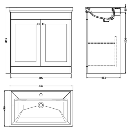 Nuie Classique 800mm Floor Standing 2 Door Vanity Basin Unit & 1 Tap Hole Fireclay Basin (1 size, Satin White) - Brand New Bathrooms