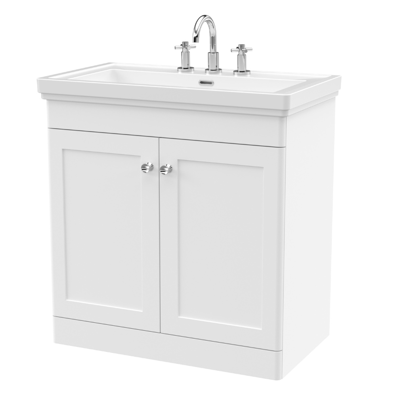Nuie Classique 800mm Floor Standing 2 Door Vanity Basin Unit & 3 Tap Hole Fireclay Basin (1 size, Satin White) - Brand New Bathrooms