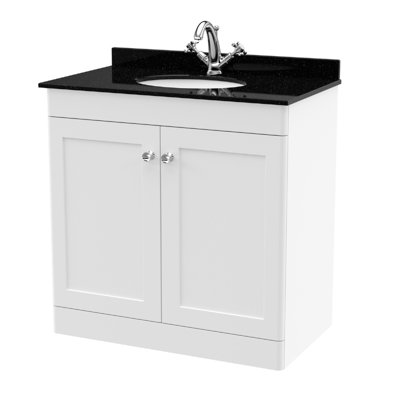 Nuie Classique 800mm Floor Standing 2 Door Unit & 1 Tap Hole Marble Top with Oval Basin (1 size, Satin White) - Brand New Bathrooms