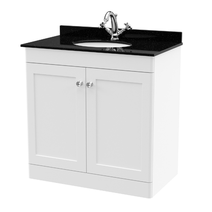 Nuie Classique 800mm Floor Standing 2 Door Unit & 1 Tap Hole Marble Top with Oval Basin (1 size, Satin White) - Brand New Bathrooms