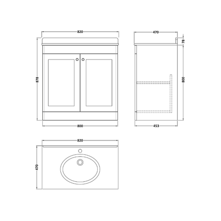 Nuie Classique 800mm Floor Standing 2 Door Unit & 1 Tap Hole Marble Top with Oval Basin (1 size, Satin White) - Brand New Bathrooms