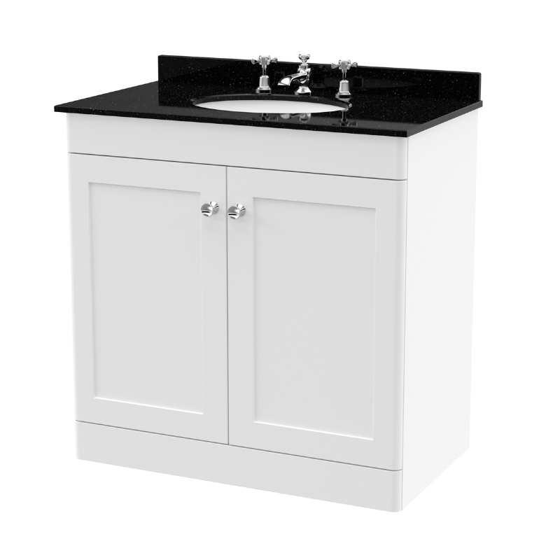 Nuie Classique 800mm Floor Standing 2 Door Unit & 3 Tap Hole Marble Top with Oval Basin (1 size, Satin White) - Brand New Bathrooms