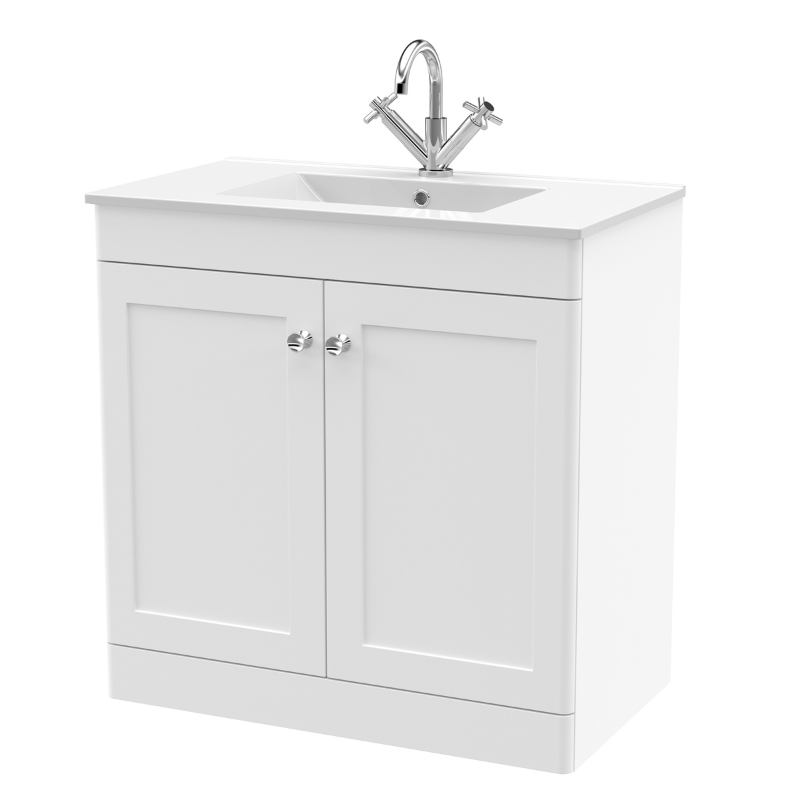 Nuie Classique 800mm Floor Standing 2-Door Vanity with Basin - 1 Tap Hole (1 size, Satin White) - Brand New Bathrooms