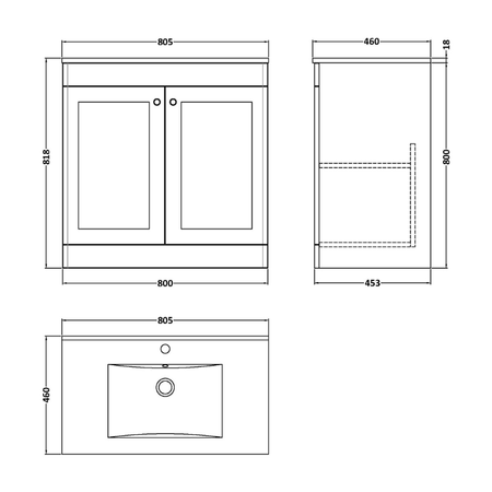 Nuie Classique 800mm Floor Standing 2-Door Vanity with Basin - 1 Tap Hole (1 size, Satin White) - Brand New Bathrooms