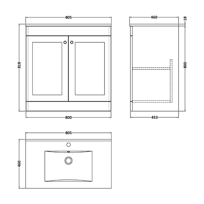 Nuie Classique 800mm Floor Standing 2-Door Vanity with Basin - 1 Tap Hole (1 size, Satin White) - Brand New Bathrooms