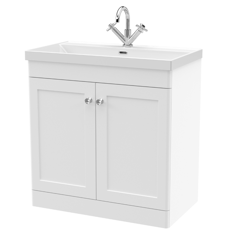 Nuie Classique 800mm Floor Standing 2-Door Vanity with Basin - 1 Tap Hole (1 size, Satin White) - Brand New Bathrooms