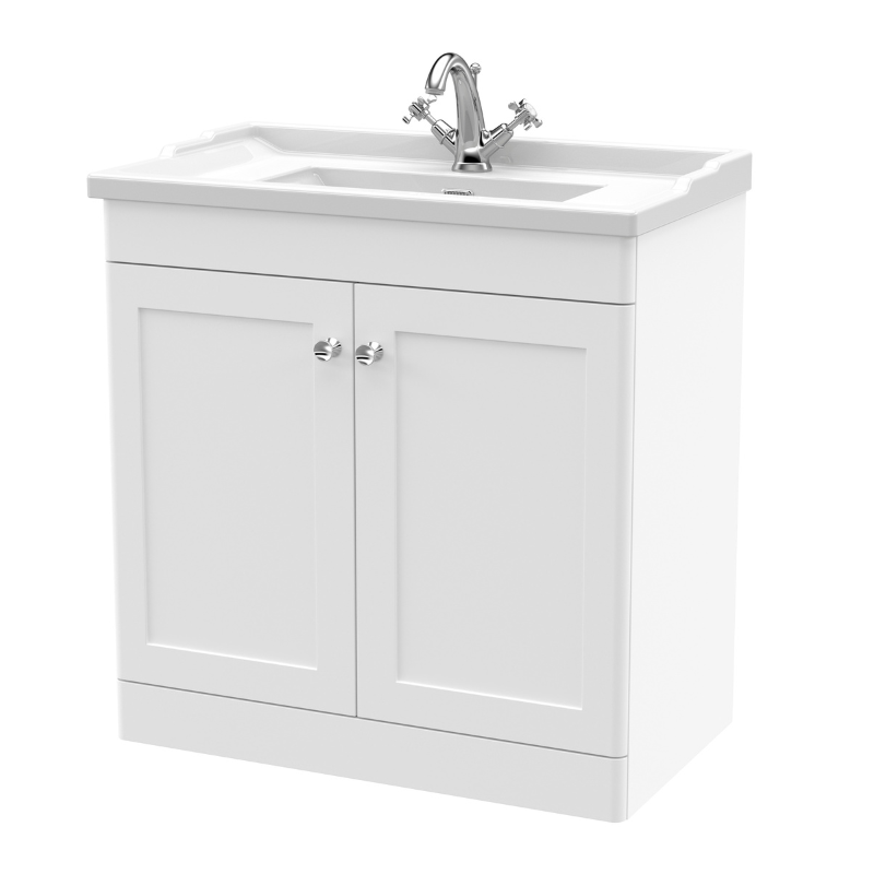 Nuie Classique 800mm Floor Standing 2 Door Unit & 1 Tap Hole Fireclay Basin (1 size, Satin White) - Brand New Bathrooms