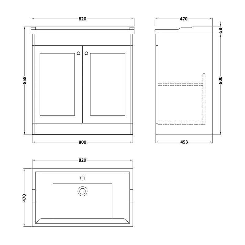 Nuie Classique 800mm Floor Standing 2 Door Unit & 1 Tap Hole Fireclay Basin (1 size, Satin White) - Brand New Bathrooms