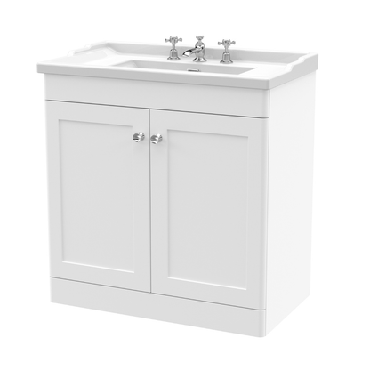 Nuie Classique 800mm Floor Standing 2 Door Unit & 3 Tap Hole Fireclay Basin (1 size, Satin White) - Brand New Bathrooms