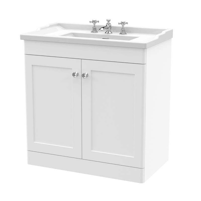 Nuie Classique 800mm Floor Standing 2 Door Unit & 3 Tap Hole Fireclay Basin (1 size, Satin White) - Brand New Bathrooms