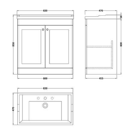 Nuie Classique 800mm Floor Standing 2 Door Unit & 3 Tap Hole Fireclay Basin (1 size, Satin White) - Brand New Bathrooms