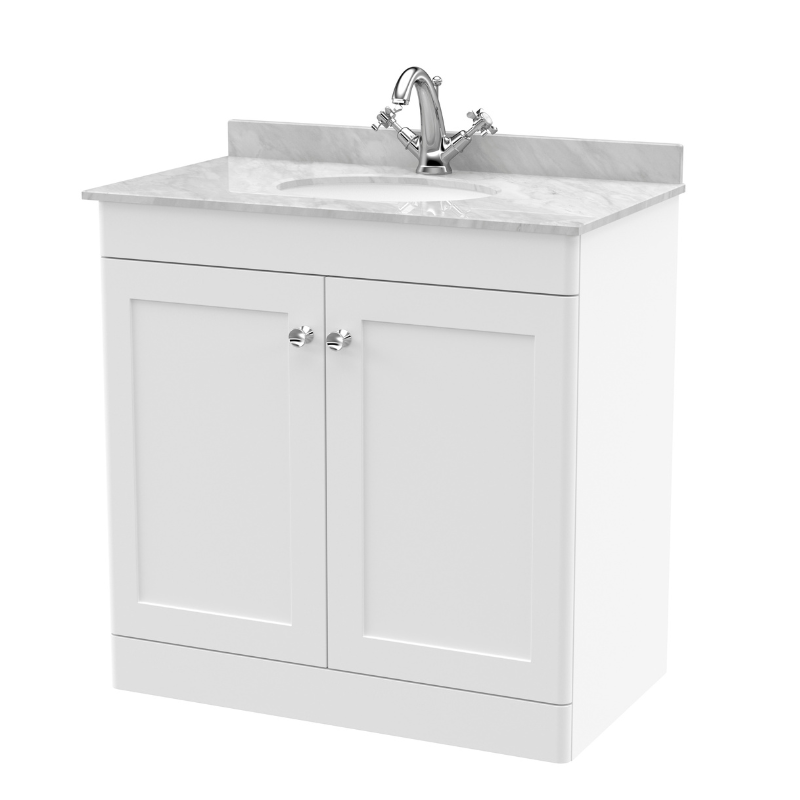 Nuie Classique 800mm Floor Standing 2 Door Unit & 1 Tap Hole Marble Top with Oval Basin (1 size, Satin White) - Brand New Bathrooms