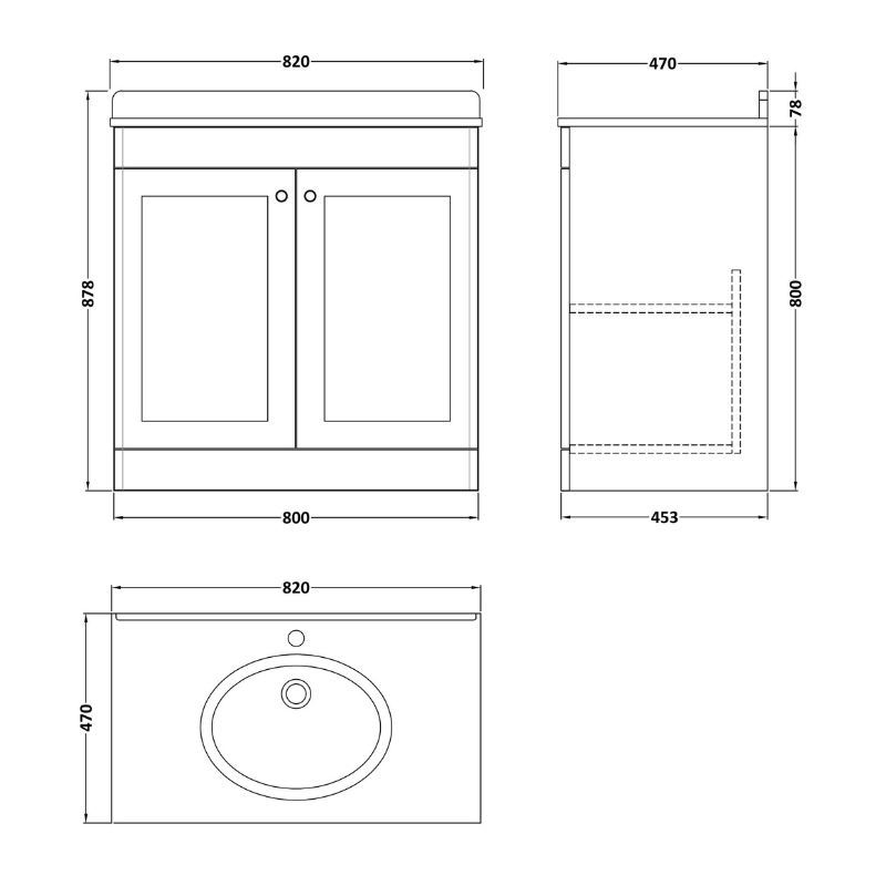Nuie Classique 800mm Floor Standing 2 Door Unit & 1 Tap Hole Marble Top with Oval Basin (1 size, Satin White) - Brand New Bathrooms