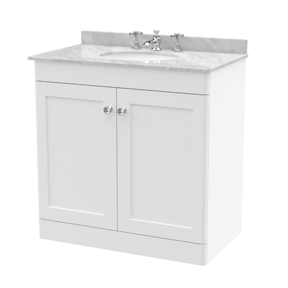 Nuie Classique 800mm Floor Standing 2 Door Unit & 3 Tap Hole Marble Top with Oval Basin (1 size, Satin White) - Brand New Bathrooms