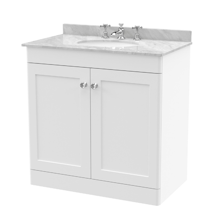 Nuie Classique 800mm Floor Standing 2 Door Unit & 3 Tap Hole Marble Top with Oval Basin (1 size, Satin White) - Brand New Bathrooms
