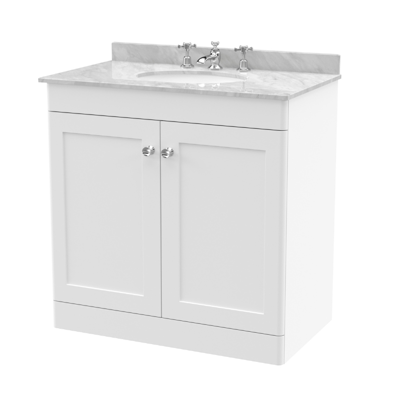Nuie Classique 800mm Floor Standing 2 Door Unit & 3 Tap Hole Marble Top with Oval Basin (1 size, Satin White) - Brand New Bathrooms