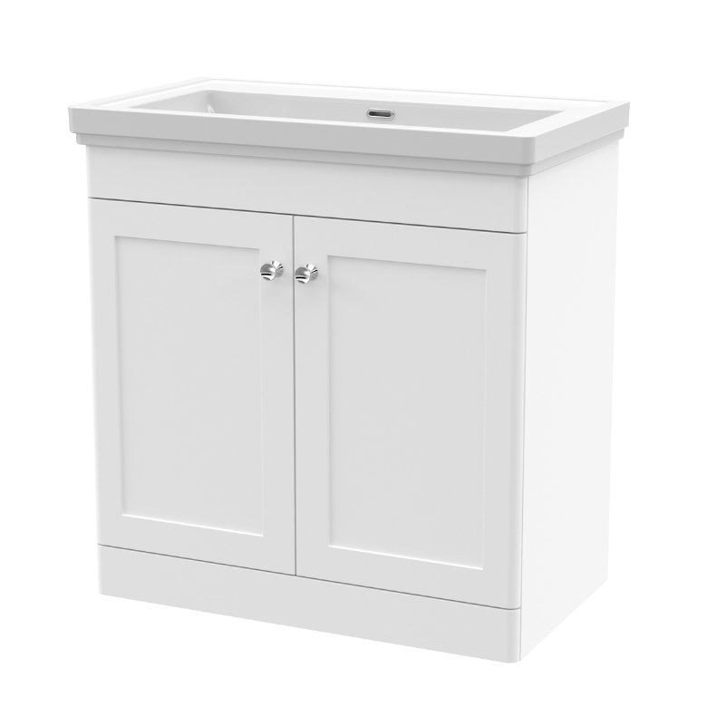 Nuie Classique 800mm Floor Standing 2 Door Unit & 0 Tap Hole Fireclay Basin (1 size, Satin White) - Brand New Bathrooms