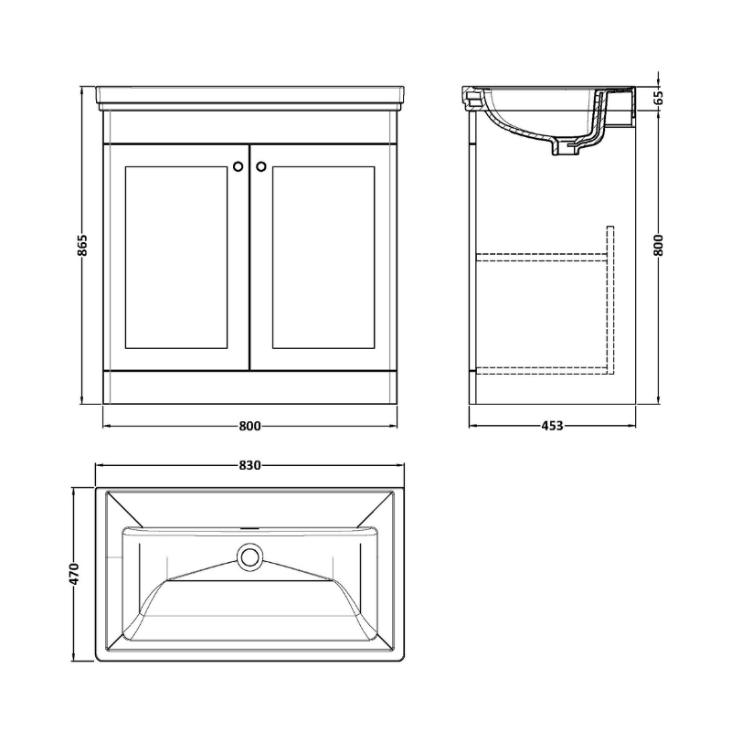 Nuie Classique 800mm Floor Standing 2 Door Unit & 0 Tap Hole Fireclay Basin (1 size, Satin White) - Brand New Bathrooms