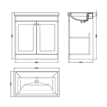 Nuie Classique 800mm Floor Standing 2 Door Unit & 0 Tap Hole Fireclay Basin (1 size, Satin White) - Brand New Bathrooms