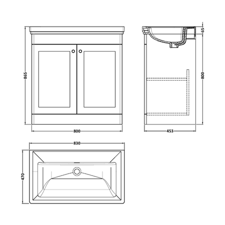 Nuie Classique 800mm Floor Standing 2 Door Unit & 0 Tap Hole Fireclay Basin (1 size, Satin White) - Brand New Bathrooms