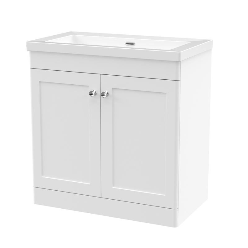 Nuie Classique 800mm Floor Standing 2-Door Vanity with Basin - 0 Tap Hole (1 size, Satin White) - Brand New Bathrooms
