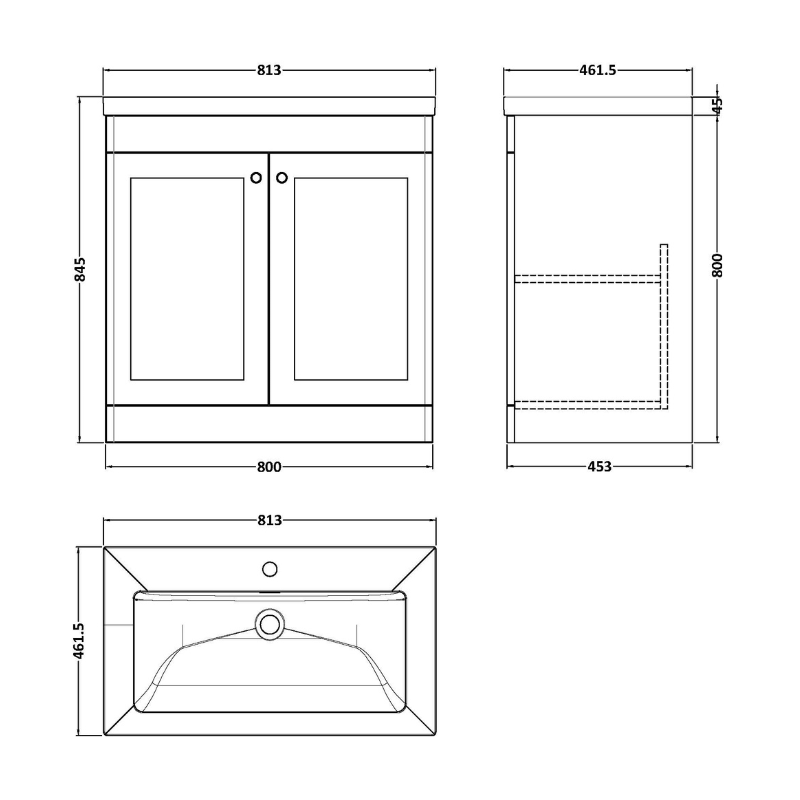 Nuie Classique 800mm Floor Standing 2-Door Vanity with Basin - 1 Tap Hole (1 size, Satin White) - Brand New Bathrooms