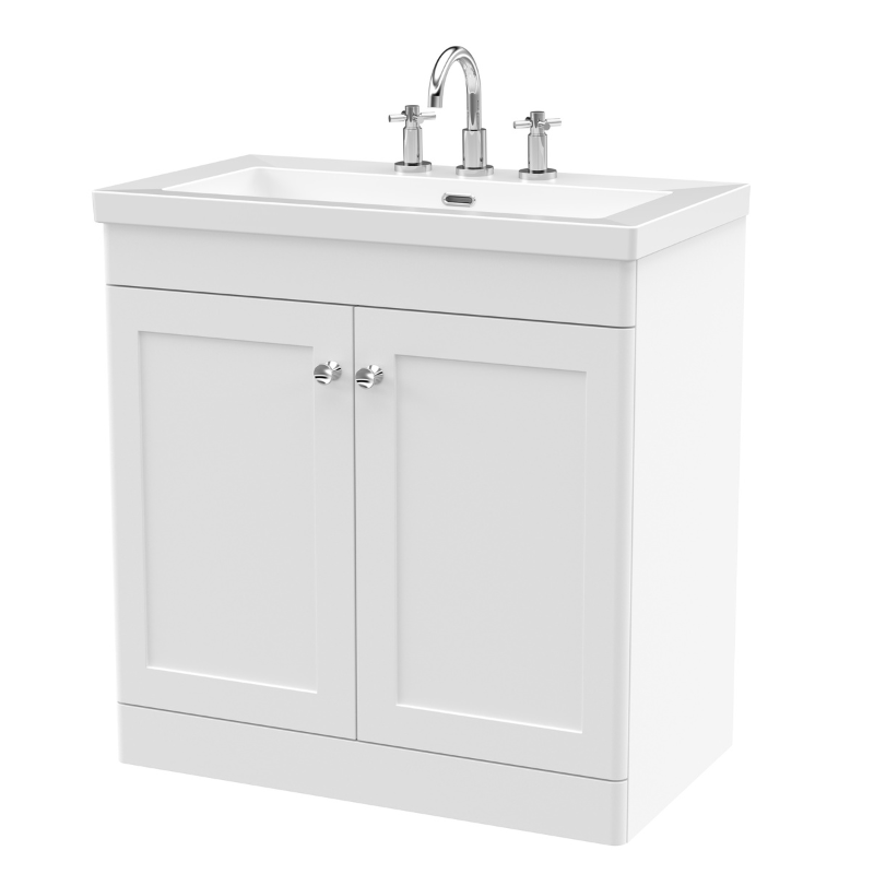 Nuie Classique 800mm Floor Standing 2-Door Vanity with Basin - 3 Tap Hole (1 size, Satin White) - Brand New Bathrooms